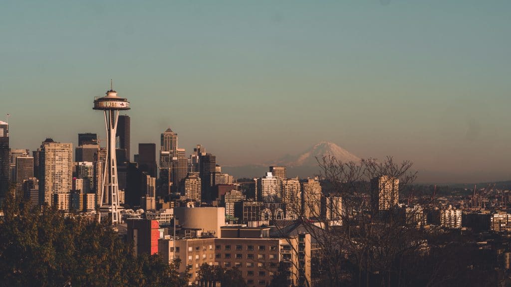 Seattle with snow capped rockies in the background as U.S. opens land border November 8