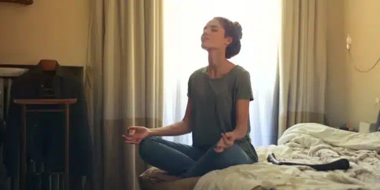 Woman meditating on the bed